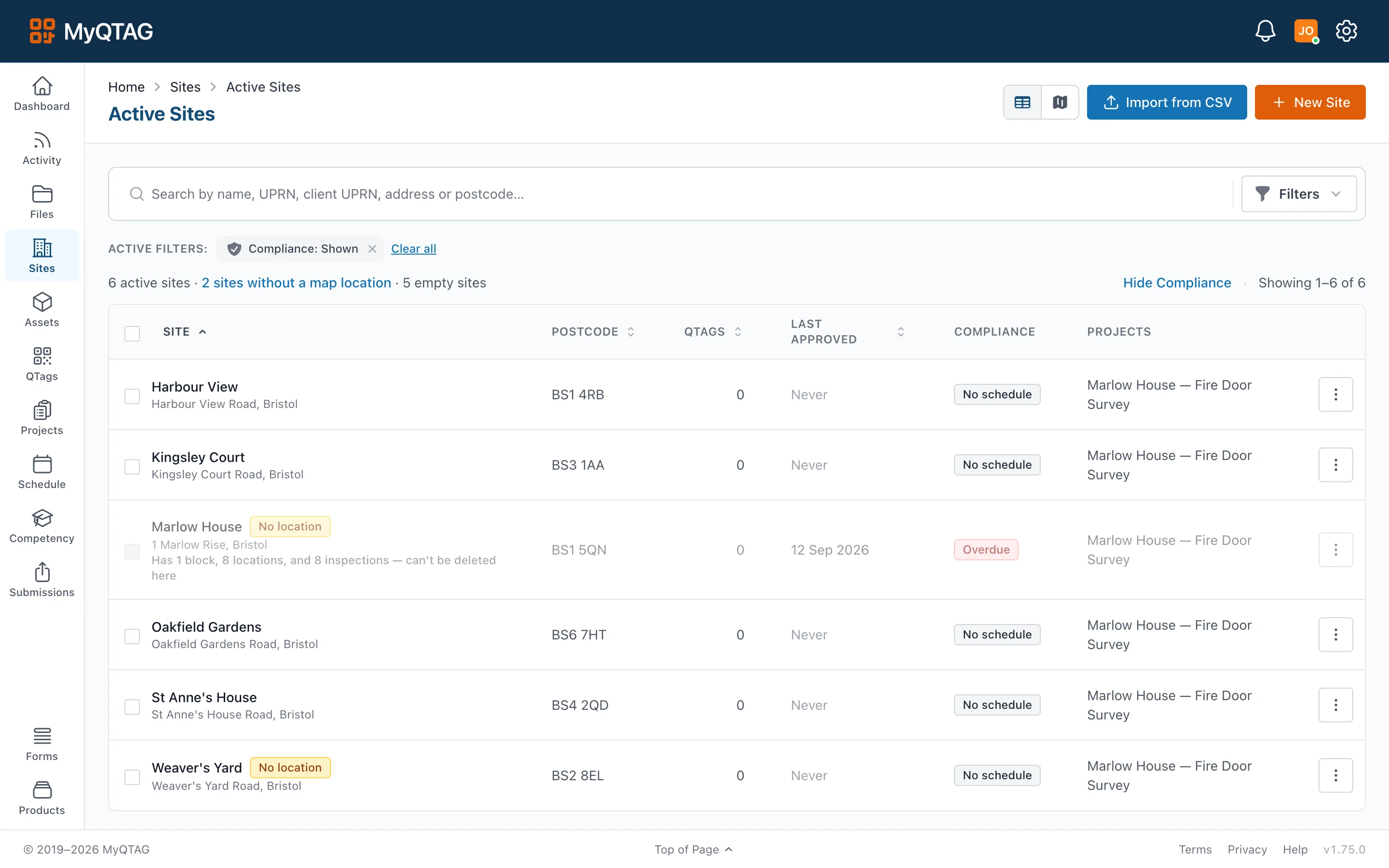 The buildings table, one row per building with its postcode, QTAGs and compliance