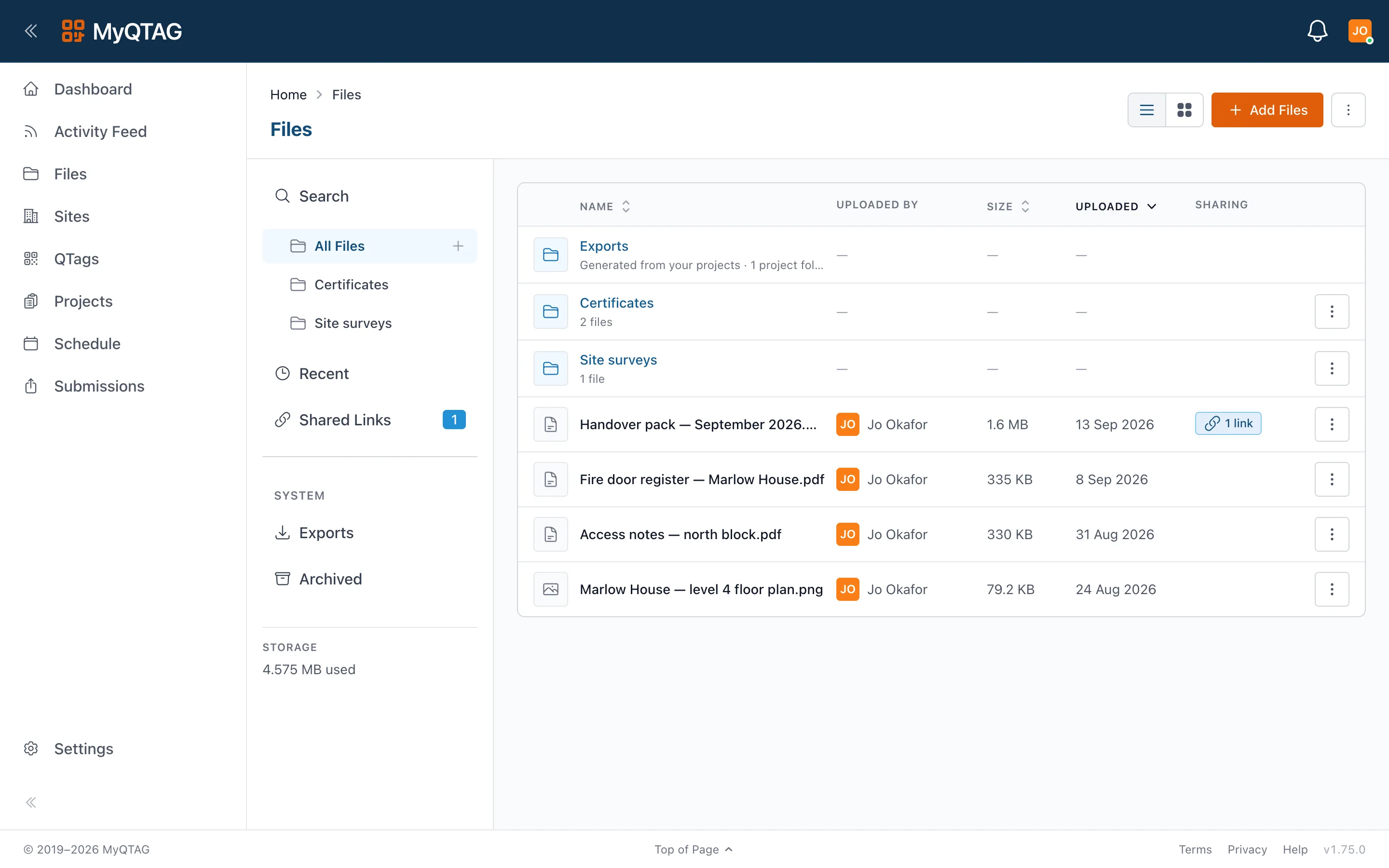 The file manager, showing exports and a share link