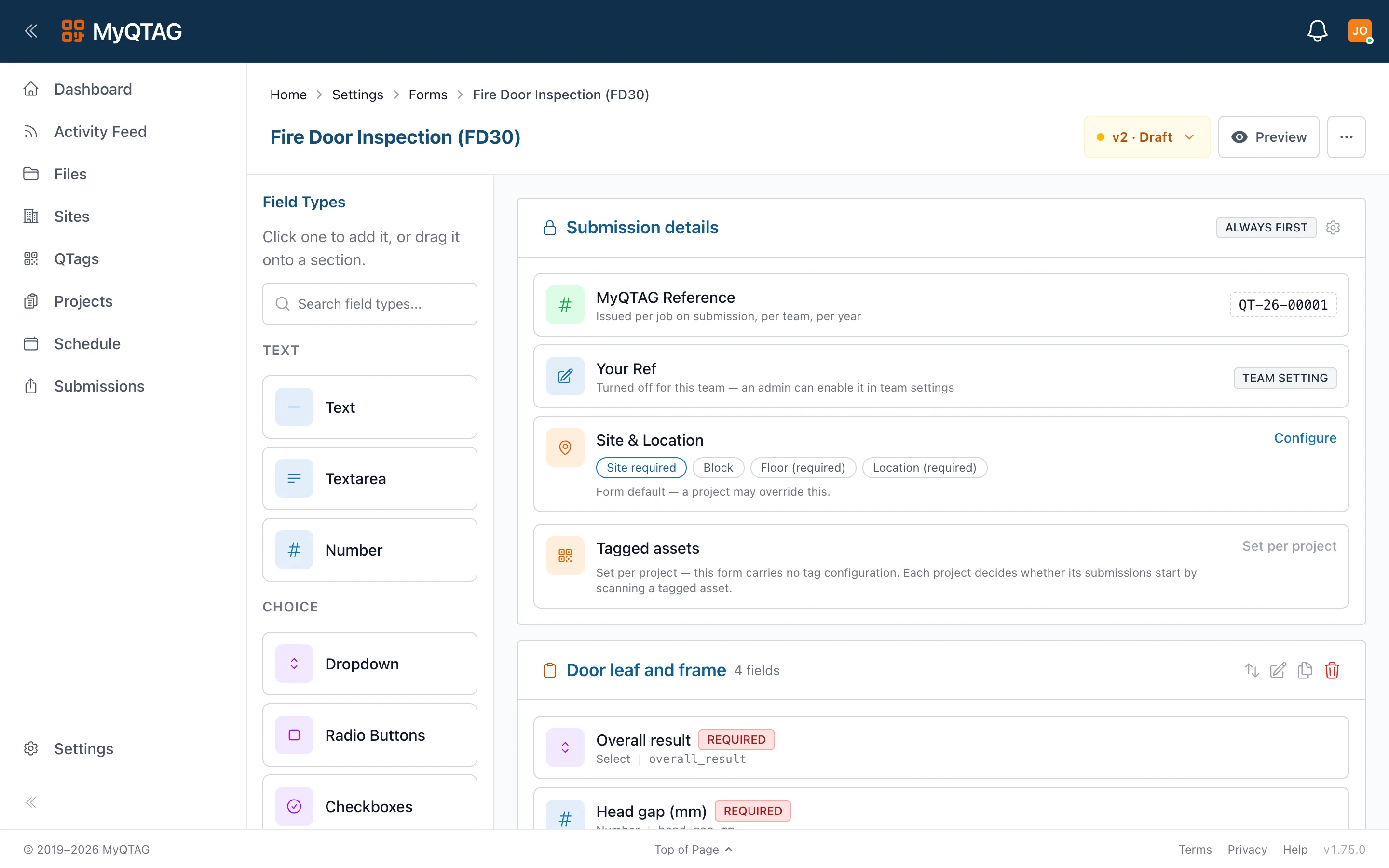 The form builder, editing an inspection template